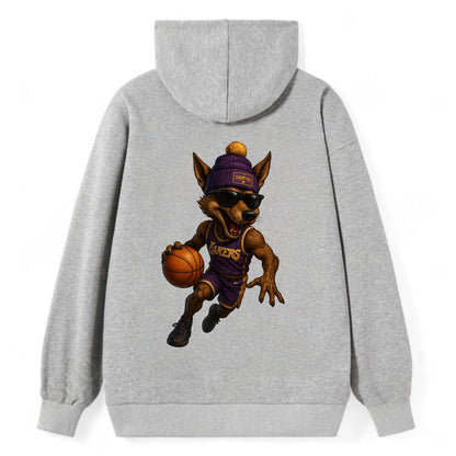 Hollywood Coyote wearing Lakers beanie with Showtime patch and wayfarer - Classic Pullover Hoodie - Grey