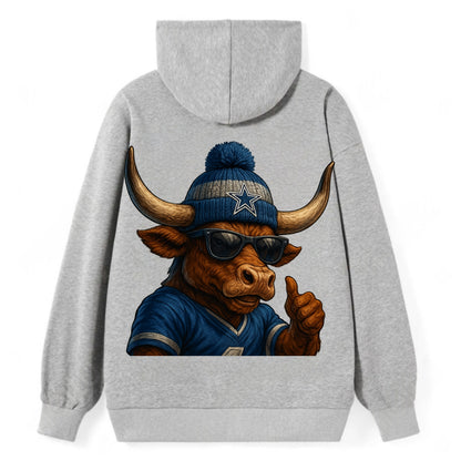 Texas Longhorn wearing Cowboys silver and blue beanie with star and - Classic Pullover Hoodie - Grey