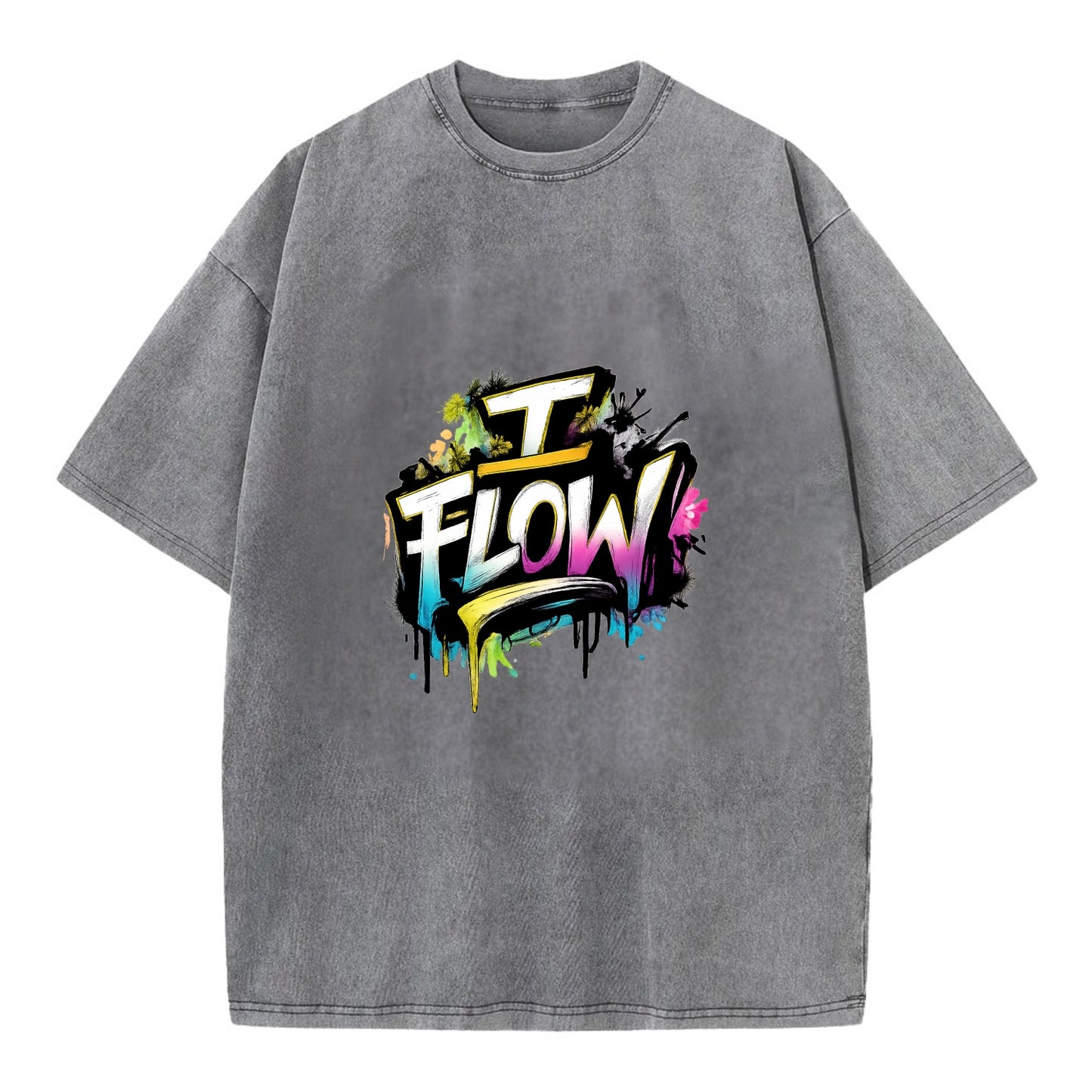 Bold typography design - "I FLOW" - going with life, easy movement - Vintage T-shirt - Grey