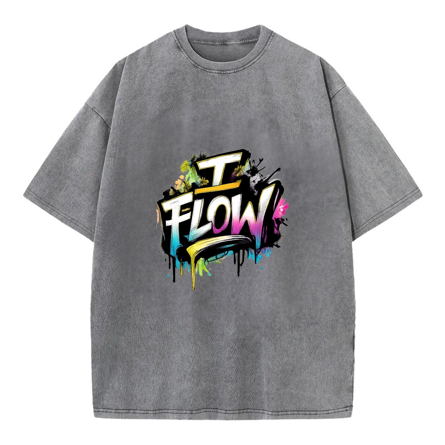 Bold typography design - "I FLOW" - going with life, easy movement - Vintage T-shirt - Grey