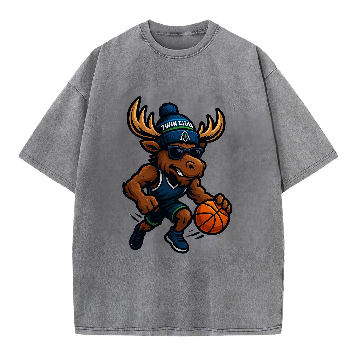Twin Cities Moose wearing Timberwolves beanie with pine tree patch and wayfarer - Vintage T-shirt - Grey