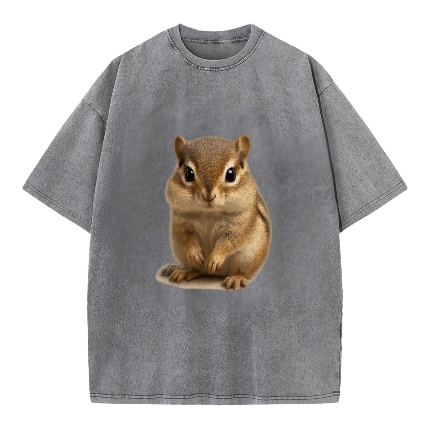 Baby Chipmunk - striped back, cheek pouches, tiny paws, bright eyes, - Vintage T-shirt - Grey