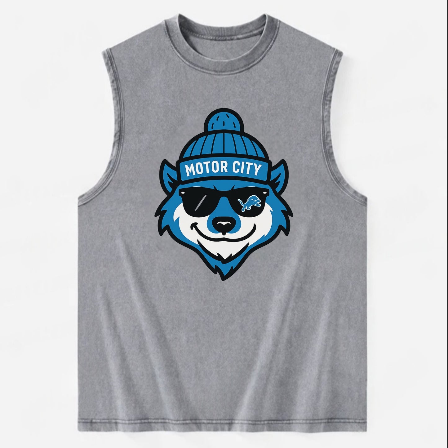 Motor City Wolverine wearing Lions beanie with gear patch and wayfarer - Vintage Washed Tank - Grey