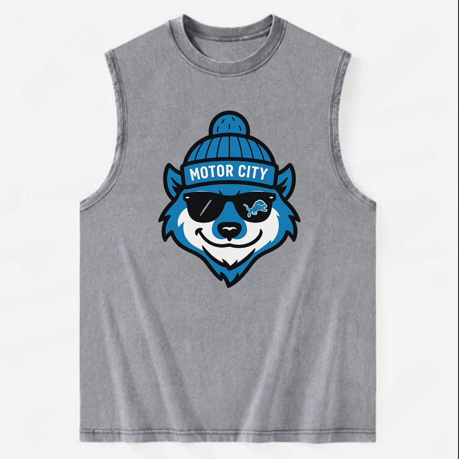 Motor City Wolverine wearing Lions beanie with gear patch and wayfarer - Vintage Washed Tank - Grey