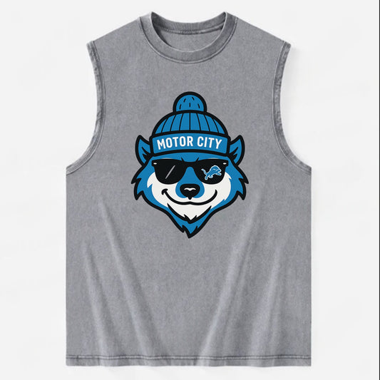 Motor City Wolverine wearing Lions beanie with gear patch and wayfarer - Vintage Washed Tank - Grey