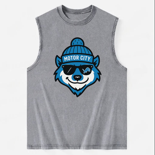 Motor City Wolverine wearing Lions beanie with gear patch and wayfarer - Vintage Washed Tank