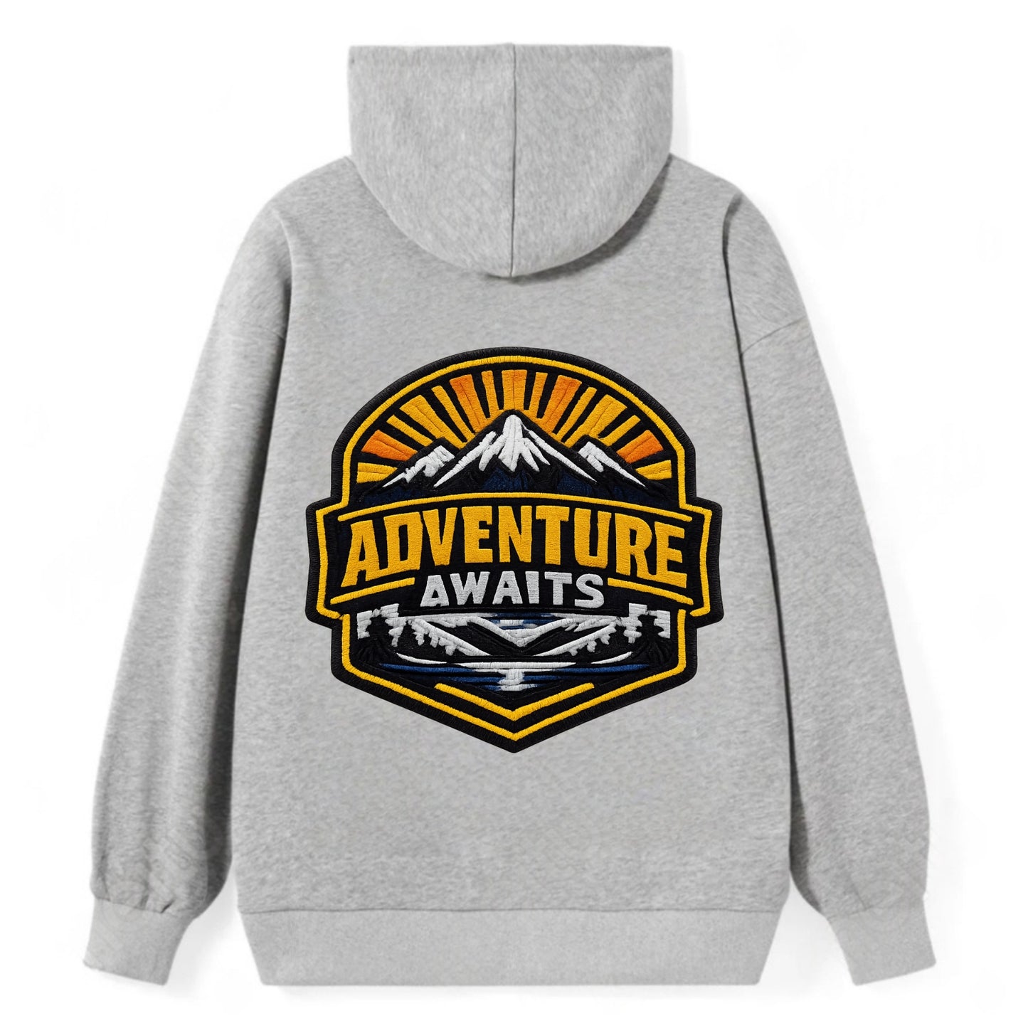 ADVENTURE AWAITS - mountain sunrise with text in gold and blue , - Classic Pullover Hoodie - Grey