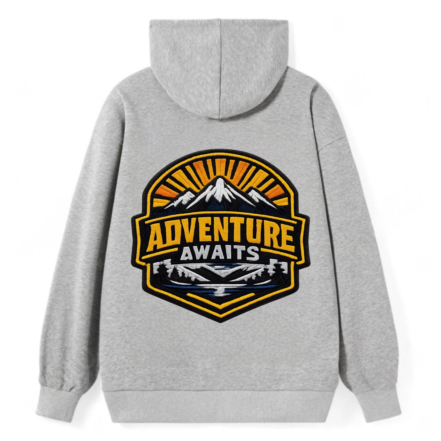 ADVENTURE AWAITS - mountain sunrise with text in gold and blue , - Classic Pullover Hoodie - Grey