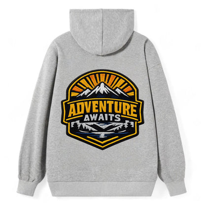 ADVENTURE AWAITS - mountain sunrise with text in gold and blue , - Classic Pullover Hoodie - Grey