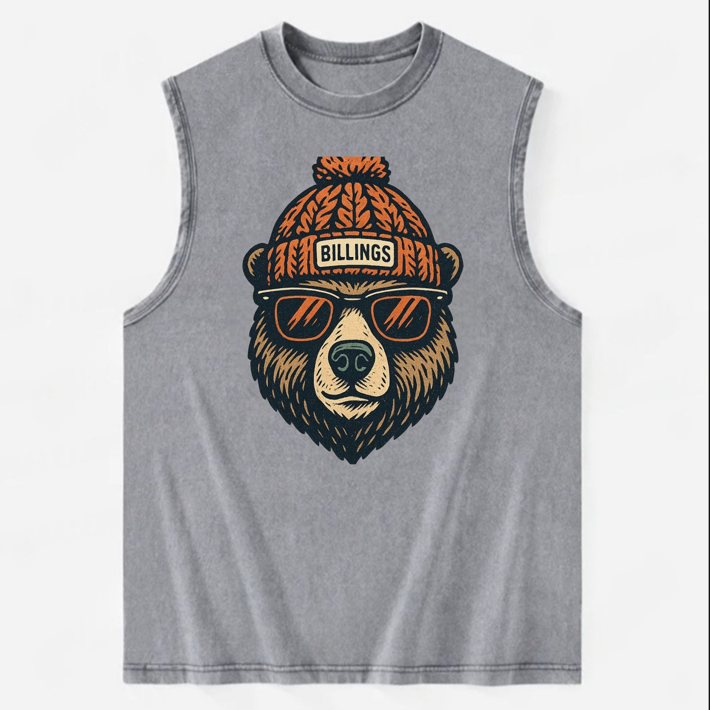 Montana Grizzly Bear wearing Billings beanie with pom pom and wayfarer - Vintage Washed Tank - Grey