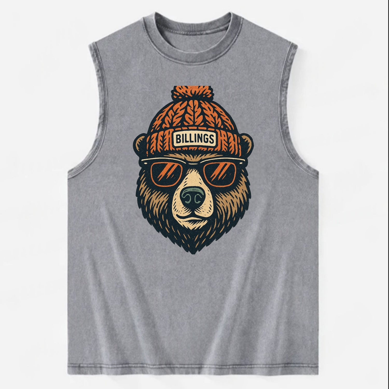 Montana Grizzly Bear wearing Billings beanie with pom pom and wayfarer - Vintage Washed Tank - Grey