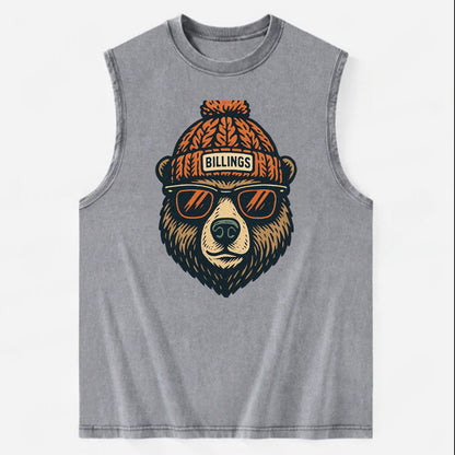 Montana Grizzly Bear wearing Billings beanie with pom pom and wayfarer - Vintage Washed Tank - Grey