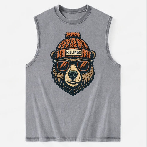 Montana Grizzly Bear wearing Billings beanie with pom pom and wayfarer - Vintage Washed Tank