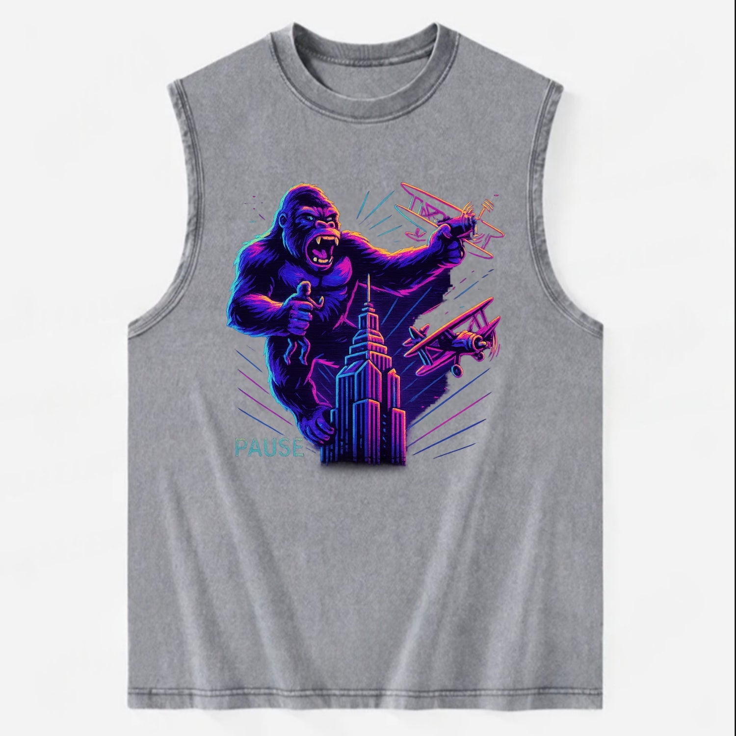giant gorilla on top of skyscraper holding small figure, swatting planes - Vintage Washed Tank - Grey