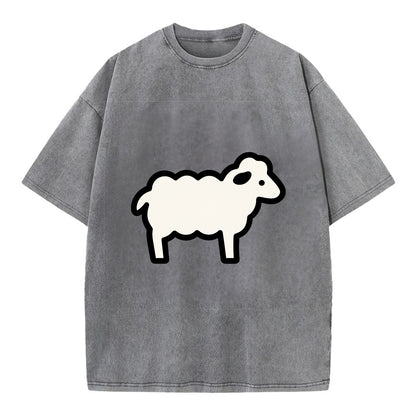 Sheep - White fluffy wool flat side profile - Vintage T-shirt - Grey