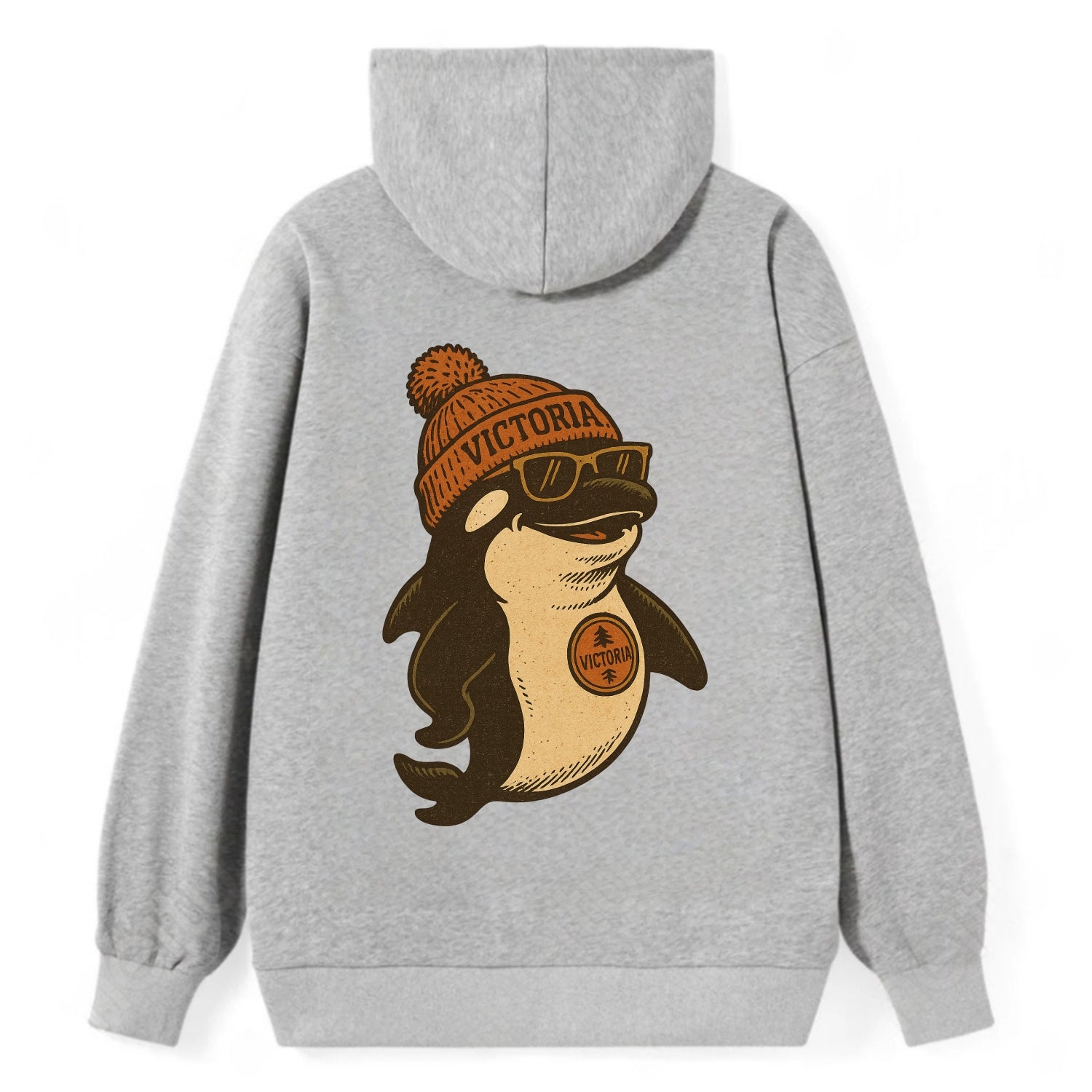 Victoria Orca wearing Victoria beanie with pom pom and wayfarer sunglasses - Classic Pullover Hoodie - Grey