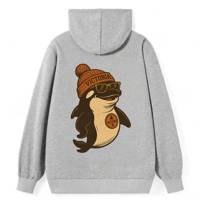 Victoria Orca wearing Victoria beanie with pom pom and wayfarer sunglasses - Classic Pullover Hoodie - Grey
