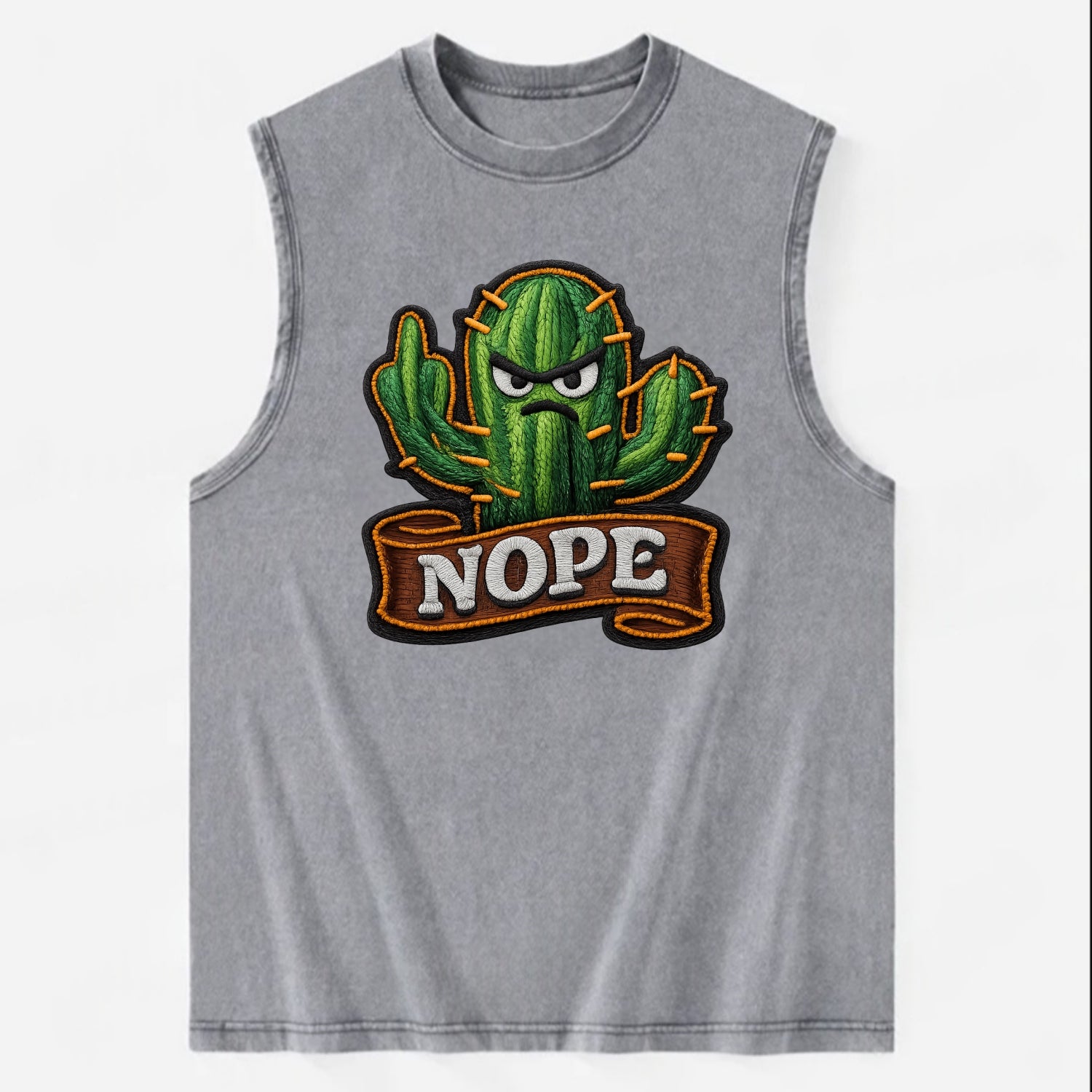 NOPE CACTUS - cactus with attitude in green , prickly personality - Vintage Washed Tank - Grey