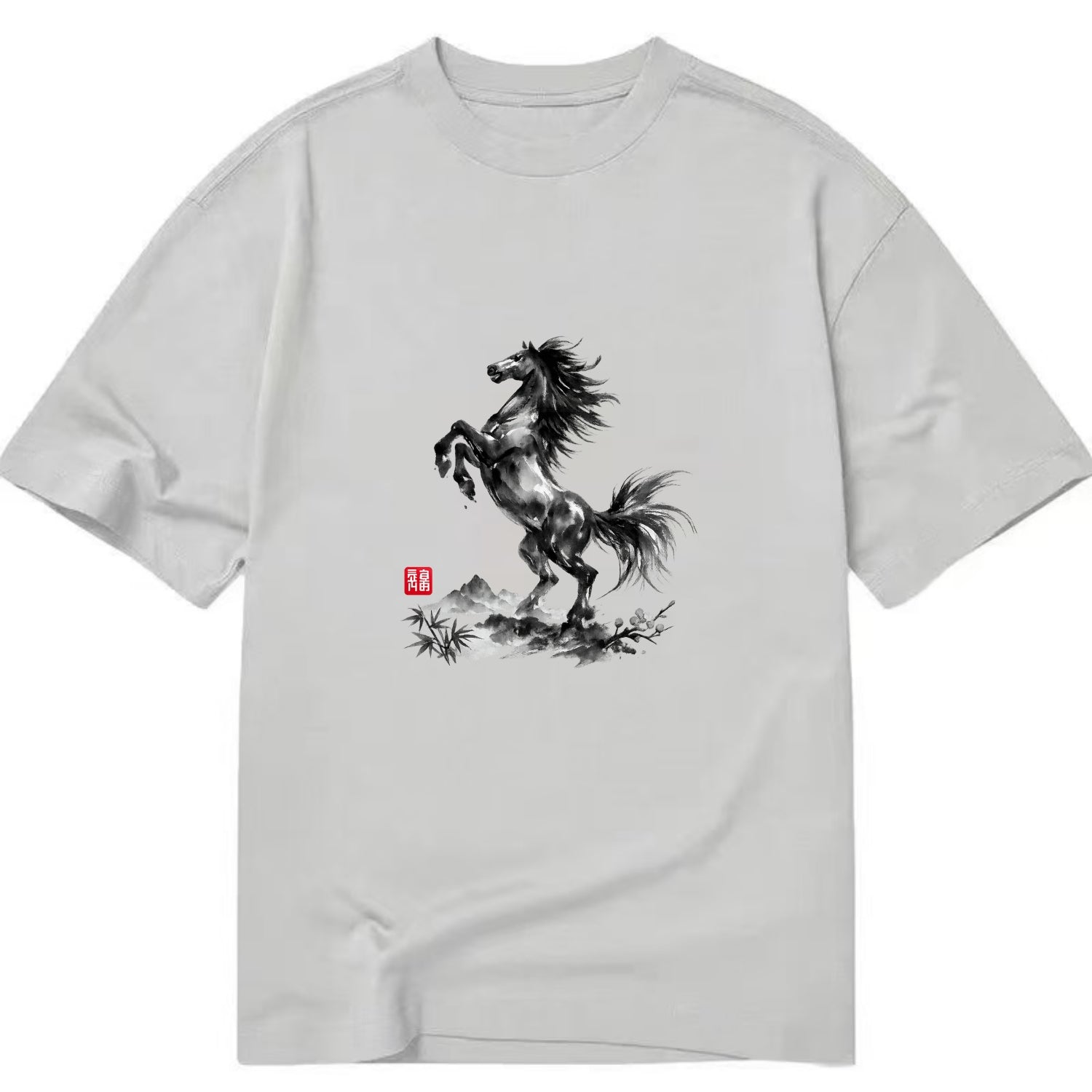 WILD STALLION | Powerful stallion rearing up | Windswept mane and tail | Mountain - Classic T-shirt - Grey