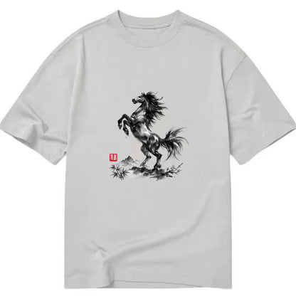 WILD STALLION | Powerful stallion rearing up | Windswept mane and tail | Mountain - Classic T-shirt - Grey