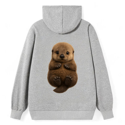 Baby Sea Otter - brown fluffy, floating on back, tiny paws, bright eyes, - Classic Pullover Hoodie - Grey