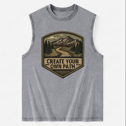 CREATE YOUR OWN PATH - trail with text in brown , independence - Vintage Washed Tank - Grey