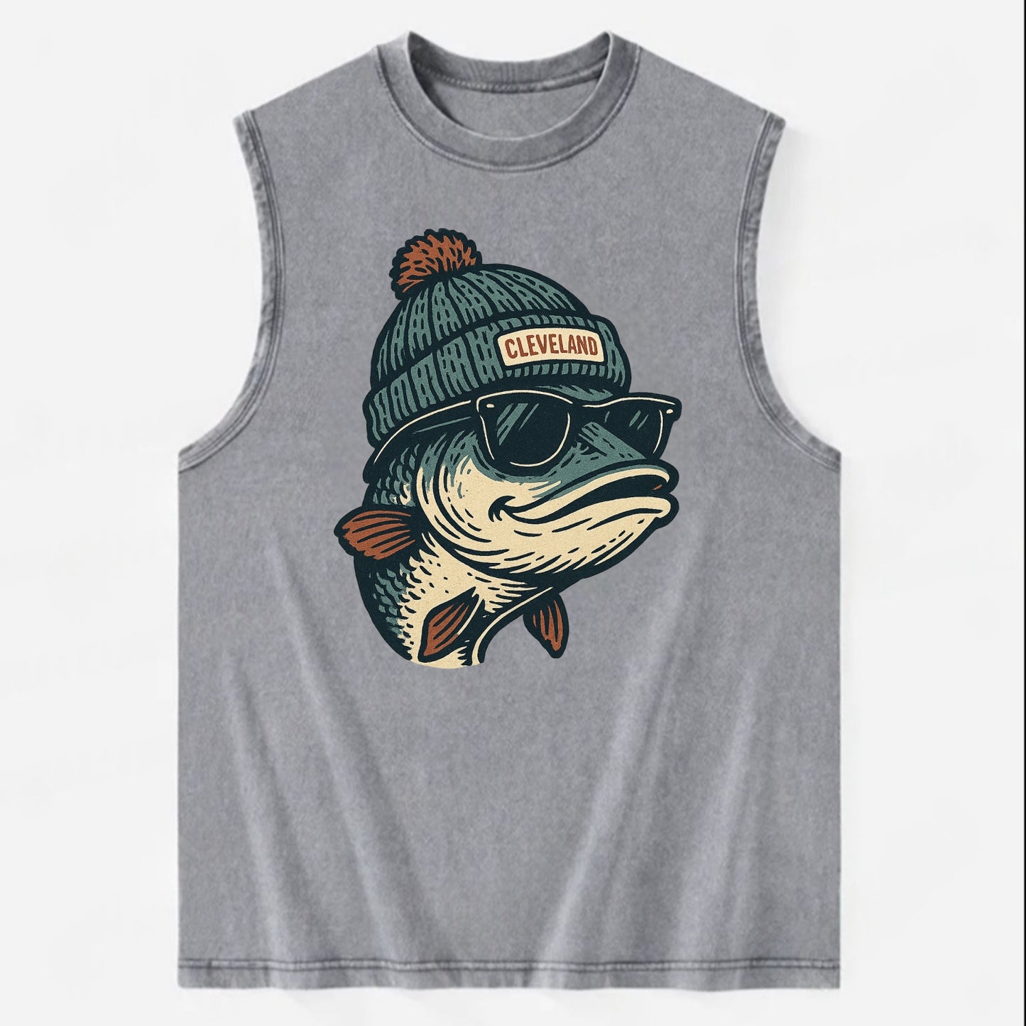 Cleveland Lake Erie Walleye wearing Cleveland beanie with pom pom and - Vintage Washed Tank - Grey