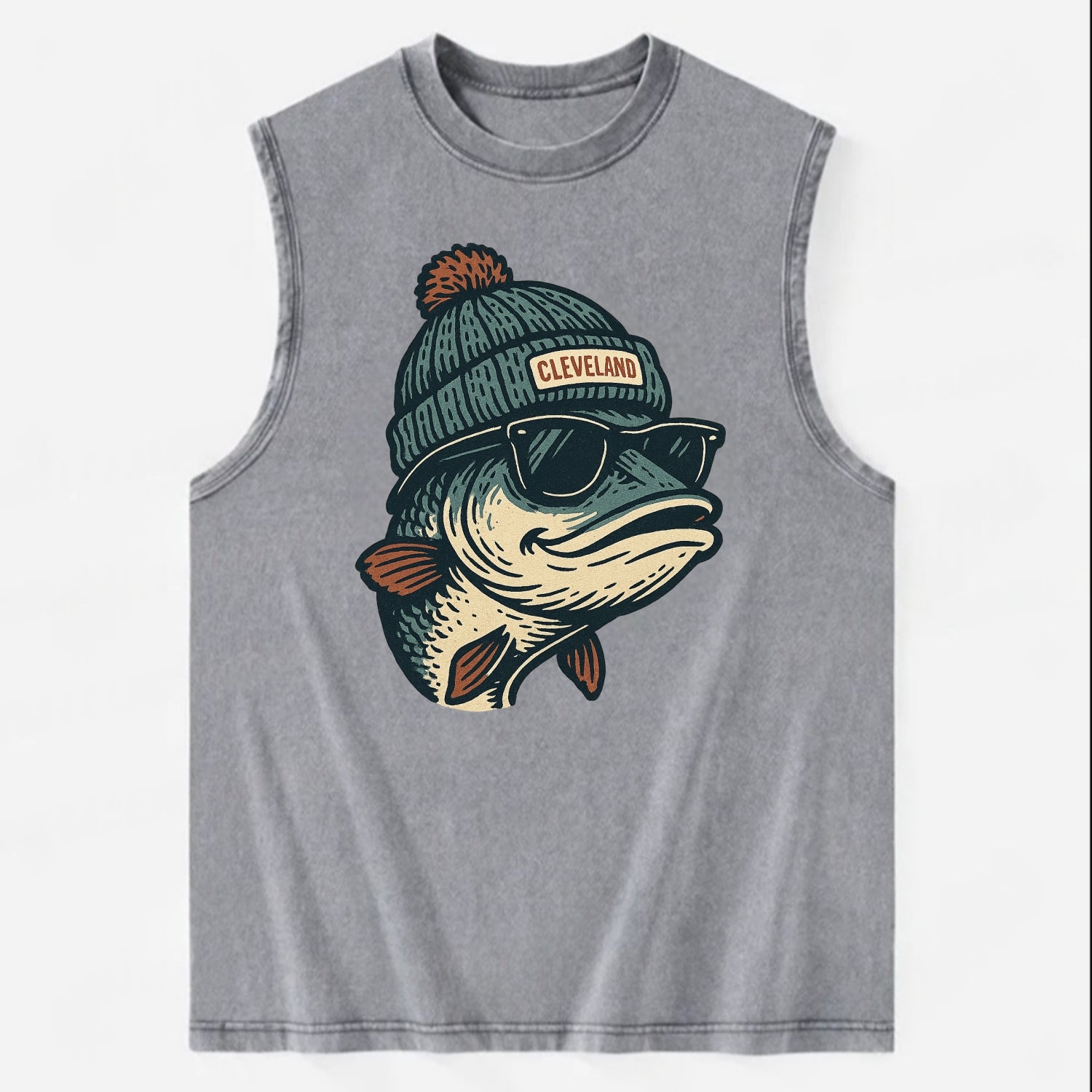 Cleveland Lake Erie Walleye wearing Cleveland beanie with pom pom and - Vintage Washed Tank - Grey