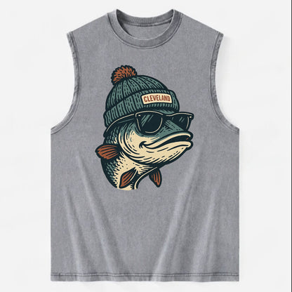 Cleveland Lake Erie Walleye wearing Cleveland beanie with pom pom and - Vintage Washed Tank - Grey