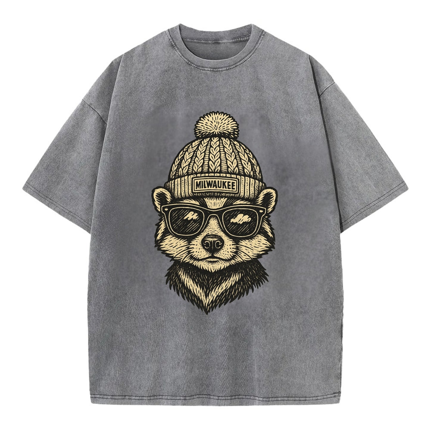 Wisconsin Badger wearing Milwaukee beanie with pom pom and wayfarer sunglasses - Vintage T-shirt - Grey