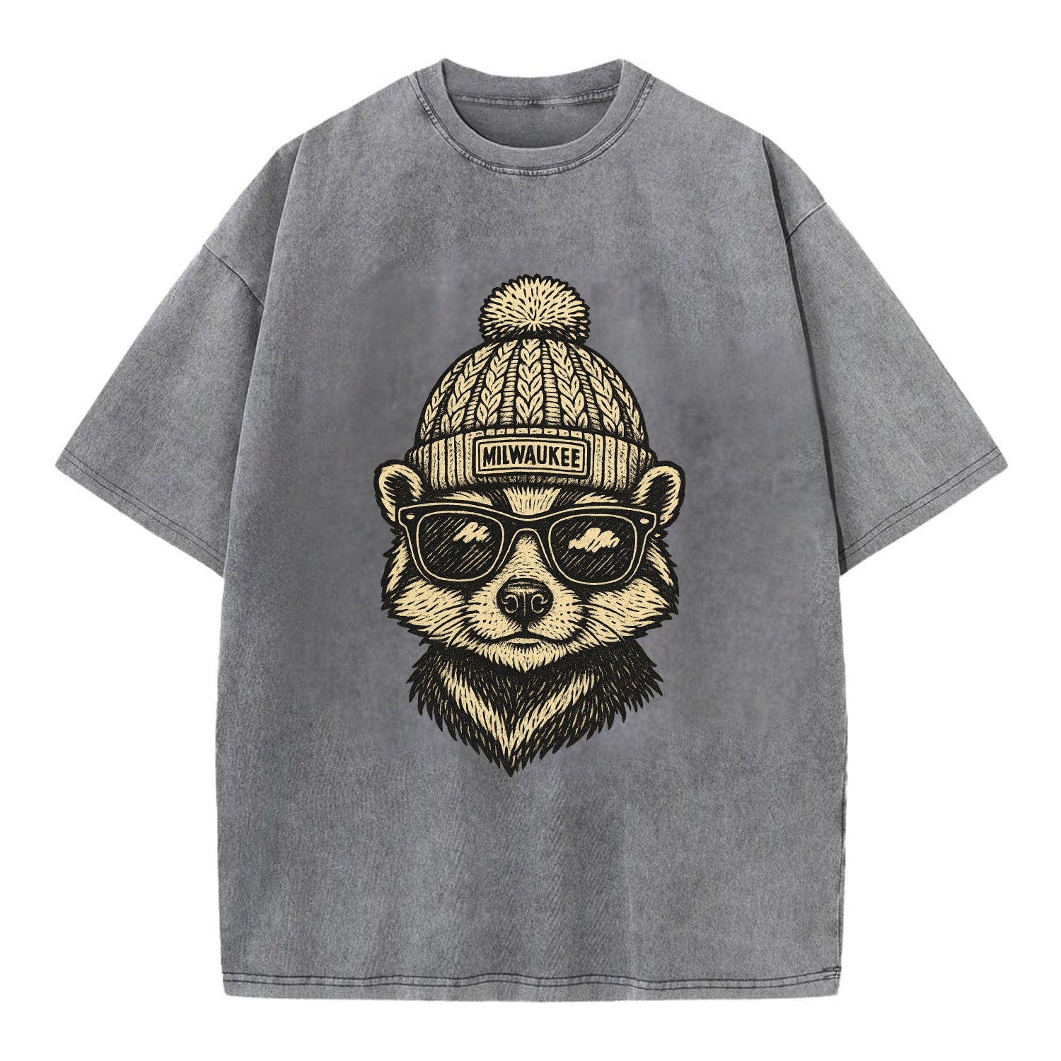 Wisconsin Badger wearing Milwaukee beanie with pom pom and wayfarer sunglasses - Vintage T-shirt - Grey