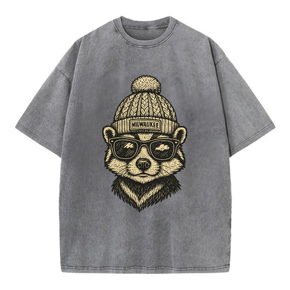 Wisconsin Badger wearing Milwaukee beanie with pom pom and wayfarer sunglasses - Vintage T-shirt - Grey