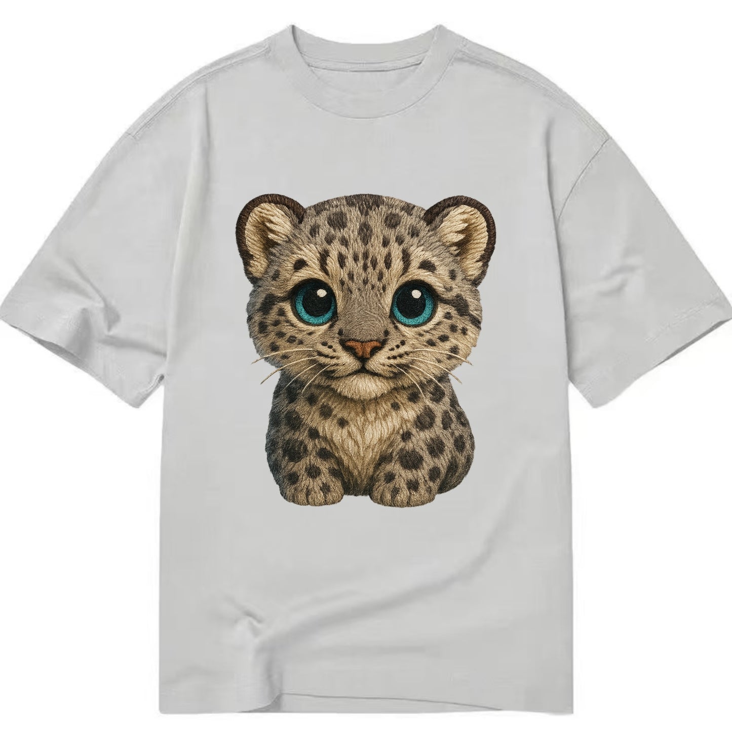 Baby Snow Leopard Cub - gray spotted, thick fur, blue-green eyes, front-facing, - Classic T-shirt - Grey