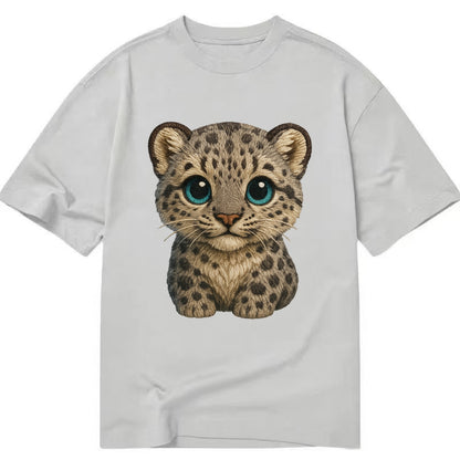 Baby Snow Leopard Cub - gray spotted, thick fur, blue-green eyes, front-facing, - Classic T-shirt - Grey