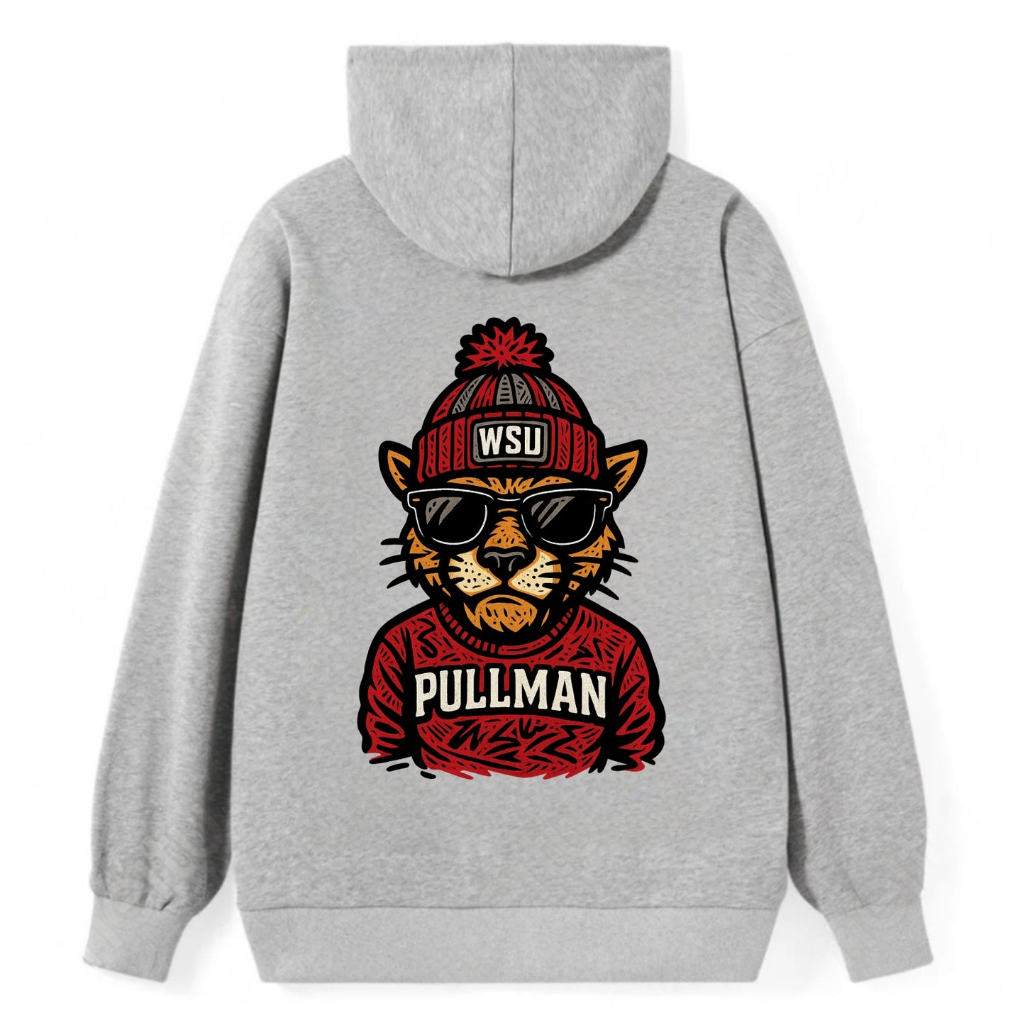 Pullman Cougar wearing Washington State beanie with WSU patch - Classic Pullover Hoodie - Grey