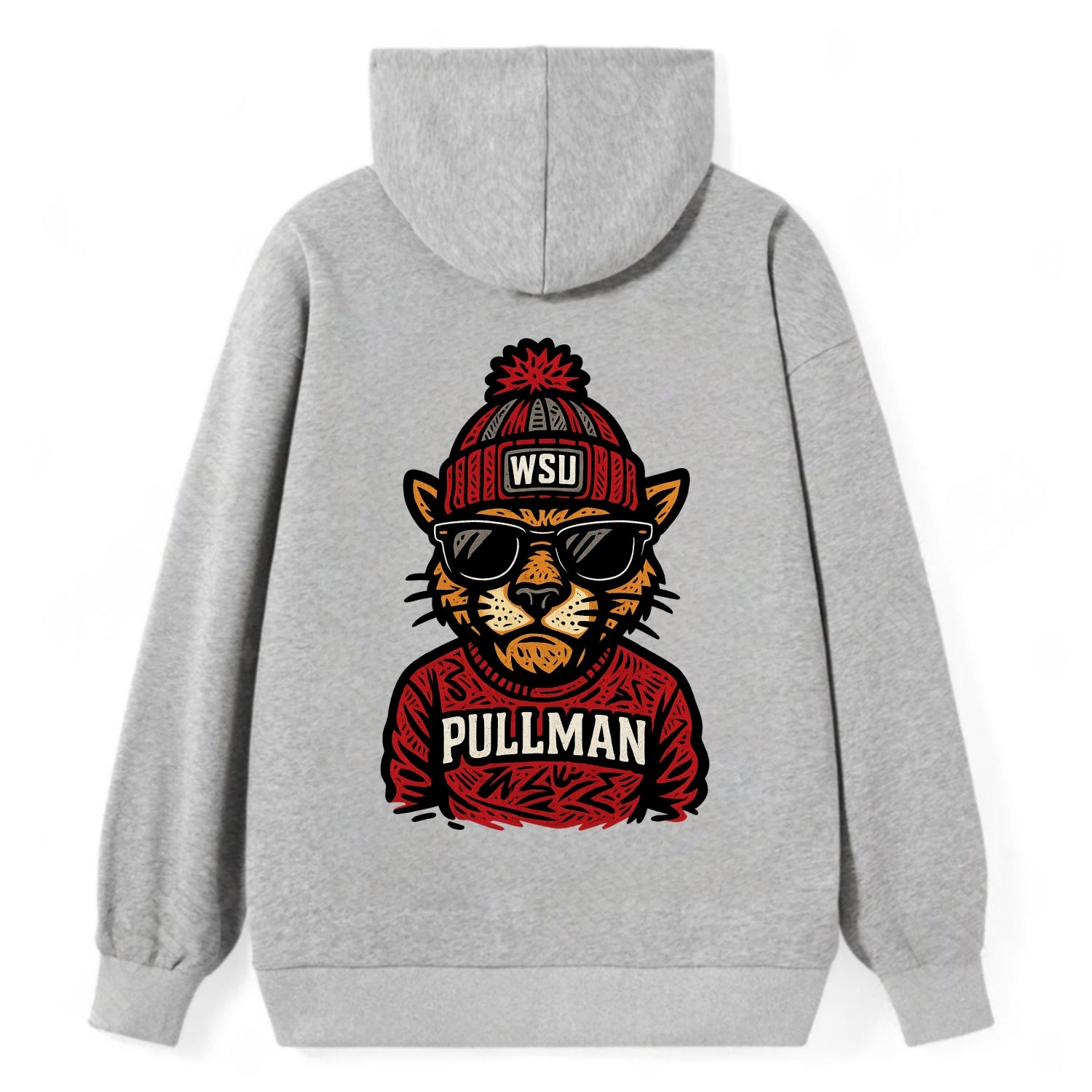 Pullman Cougar wearing Washington State beanie with WSU patch - Classic Pullover Hoodie - Grey