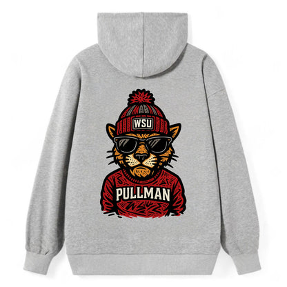 Pullman Cougar wearing Washington State beanie with WSU patch - Classic Pullover Hoodie - Grey