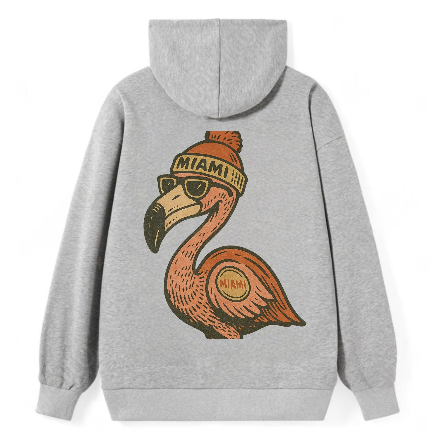 Miami Flamingo wearing Miami beanie with pom pom and wayfarer sunglasses - Classic Pullover Hoodie - Grey