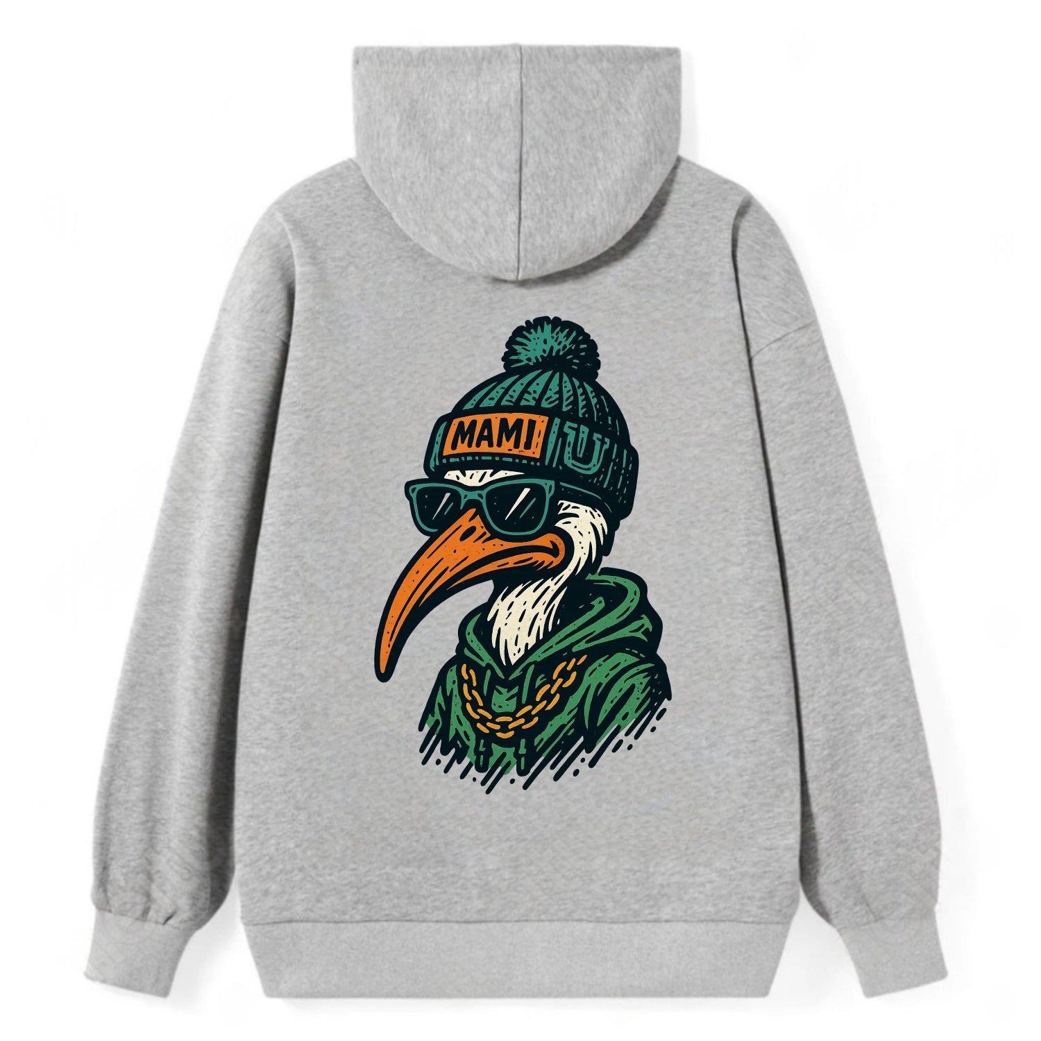 Coral Gables Ibis wearing Miami beanie with U patch - Classic Pullover Hoodie - Grey