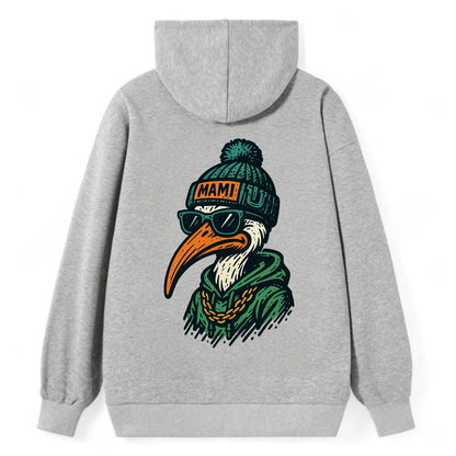 Coral Gables Ibis wearing Miami beanie with U patch - Classic Pullover Hoodie - Grey