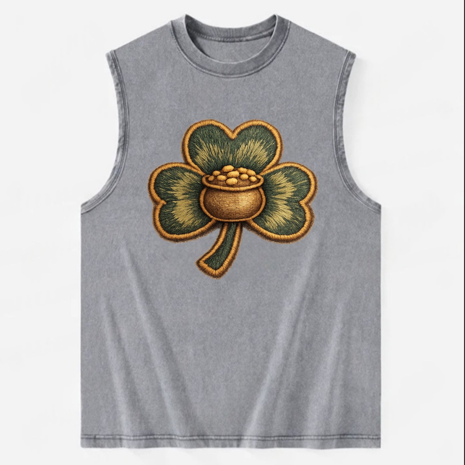 ST PATRICKS CLOVER - lucky clover with gold in green and gold , Irish luck - Vintage Washed Tank - Grey