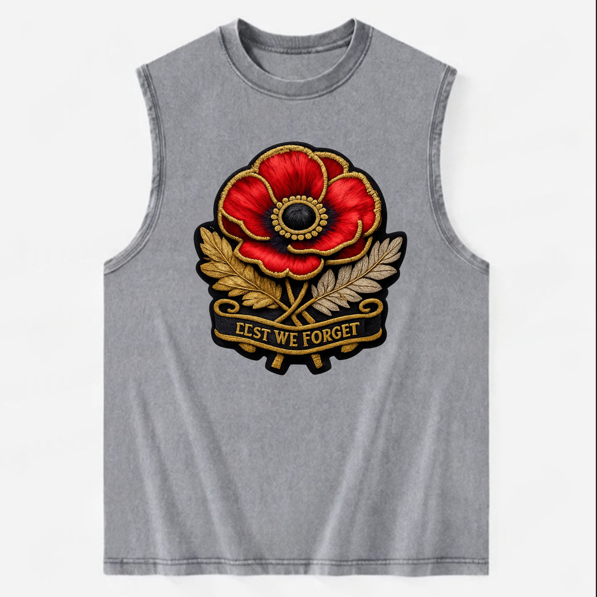 MEMORIAL POPPY - red poppy flower in scarlet , remembrance - Vintage Washed Tank - Grey