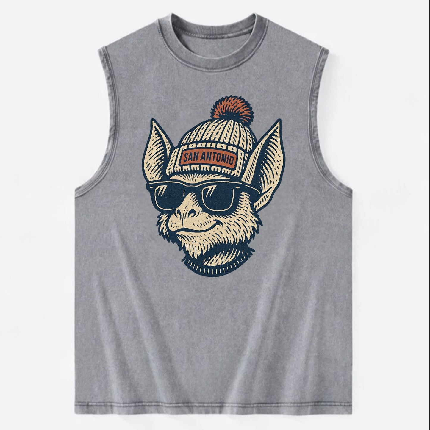 San Antonio Bat wearing San Antonio beanie with pom pom and wayfarer - Vintage Washed Tank - Grey