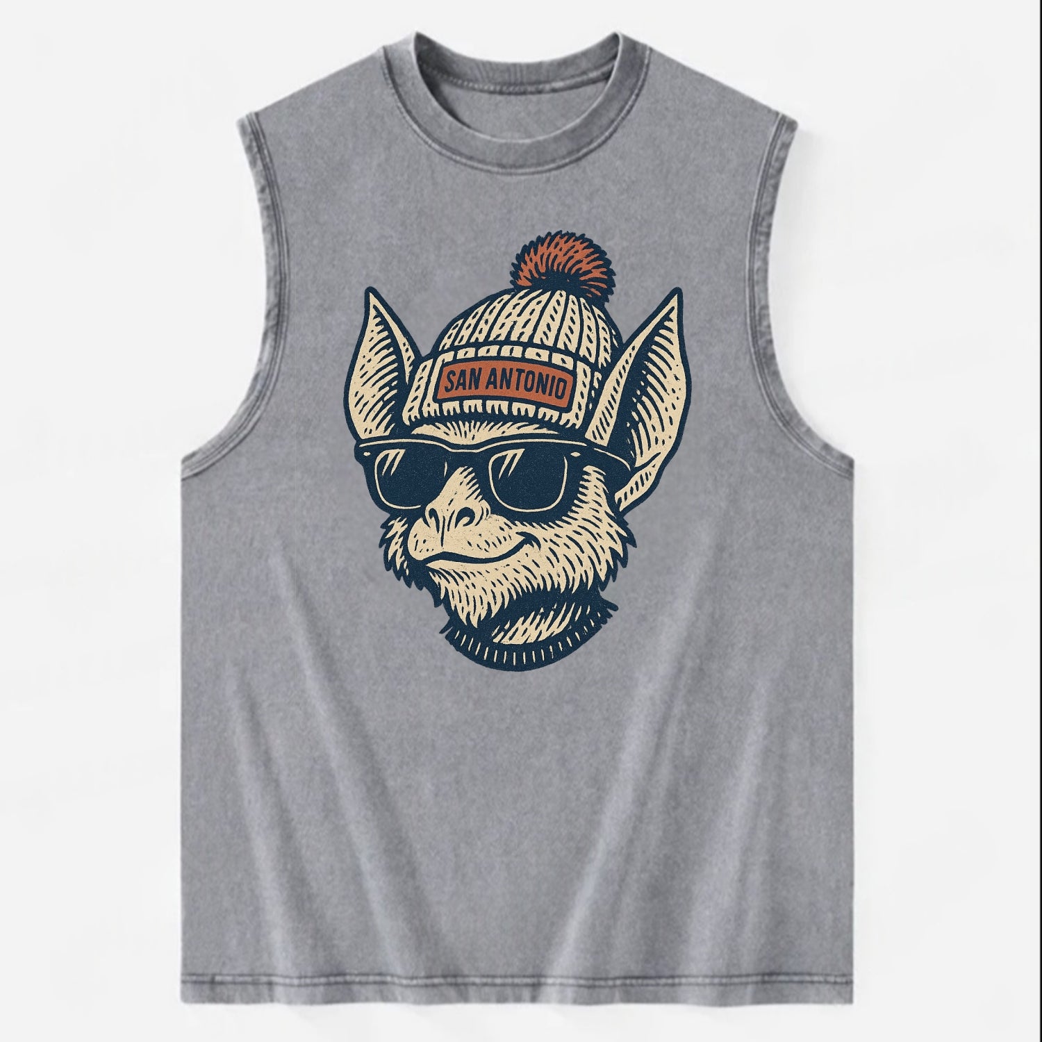 San Antonio Bat wearing San Antonio beanie with pom pom and wayfarer - Vintage Washed Tank - Grey