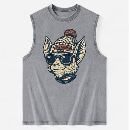 San Antonio Bat wearing San Antonio beanie with pom pom and wayfarer - Vintage Washed Tank - Grey