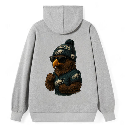 Philly Hawk wearing Eagles beanie with Rocky patch and wayfarer sunglasses - Classic Pullover Hoodie - Grey