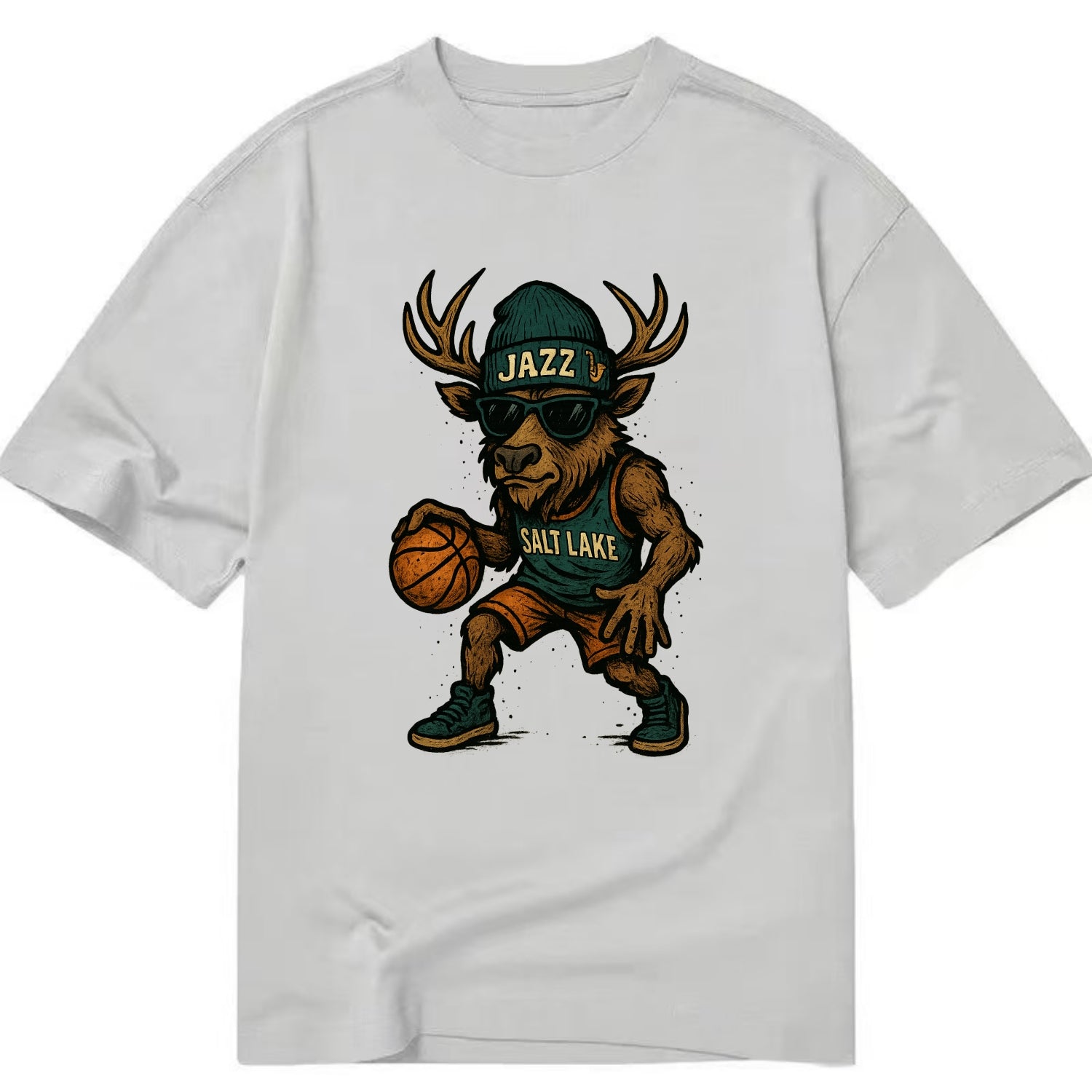 Salt Lake Elk wearing Jazz beanie with saxophone patch and wayfarer sunglasses - Classic T-shirt - Grey