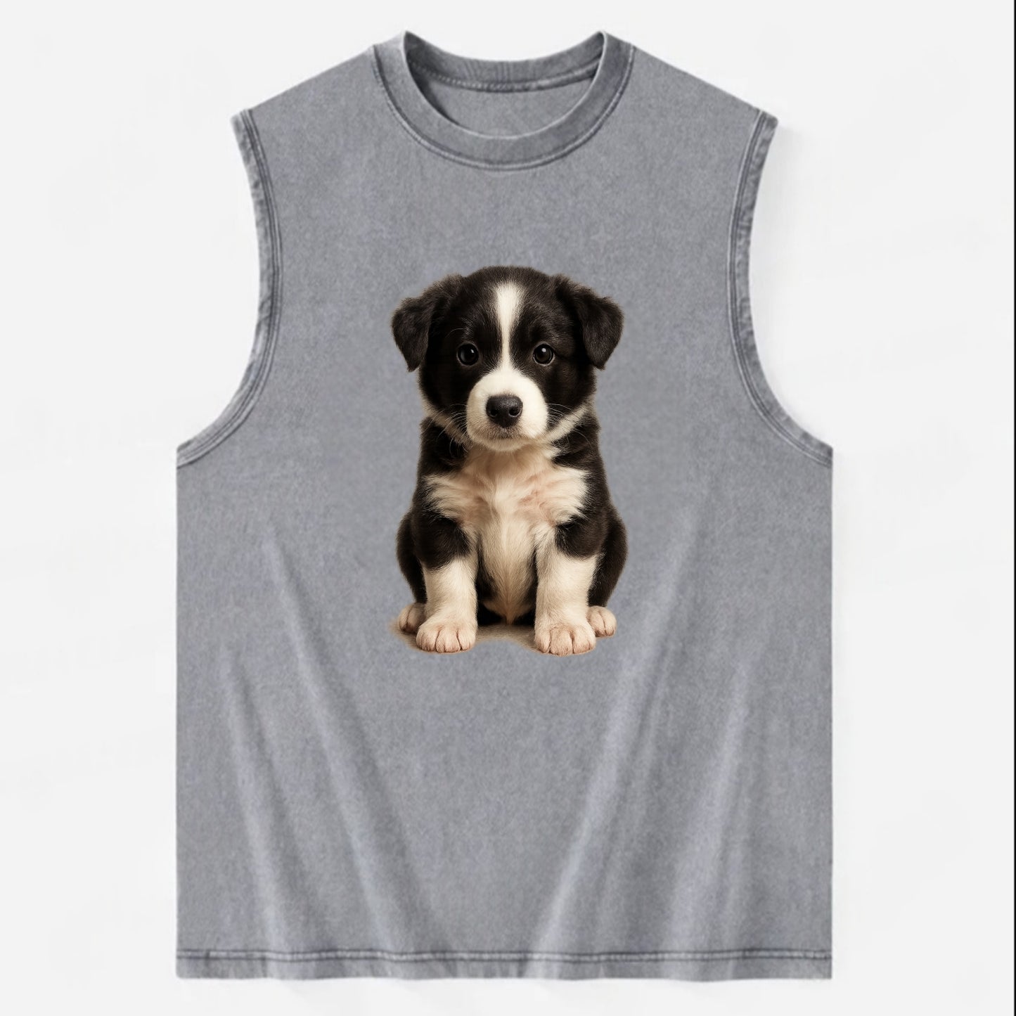 Baby Border Collie Puppy - black and white, intense smart eyes, athletic - Vintage Washed Tank - Grey