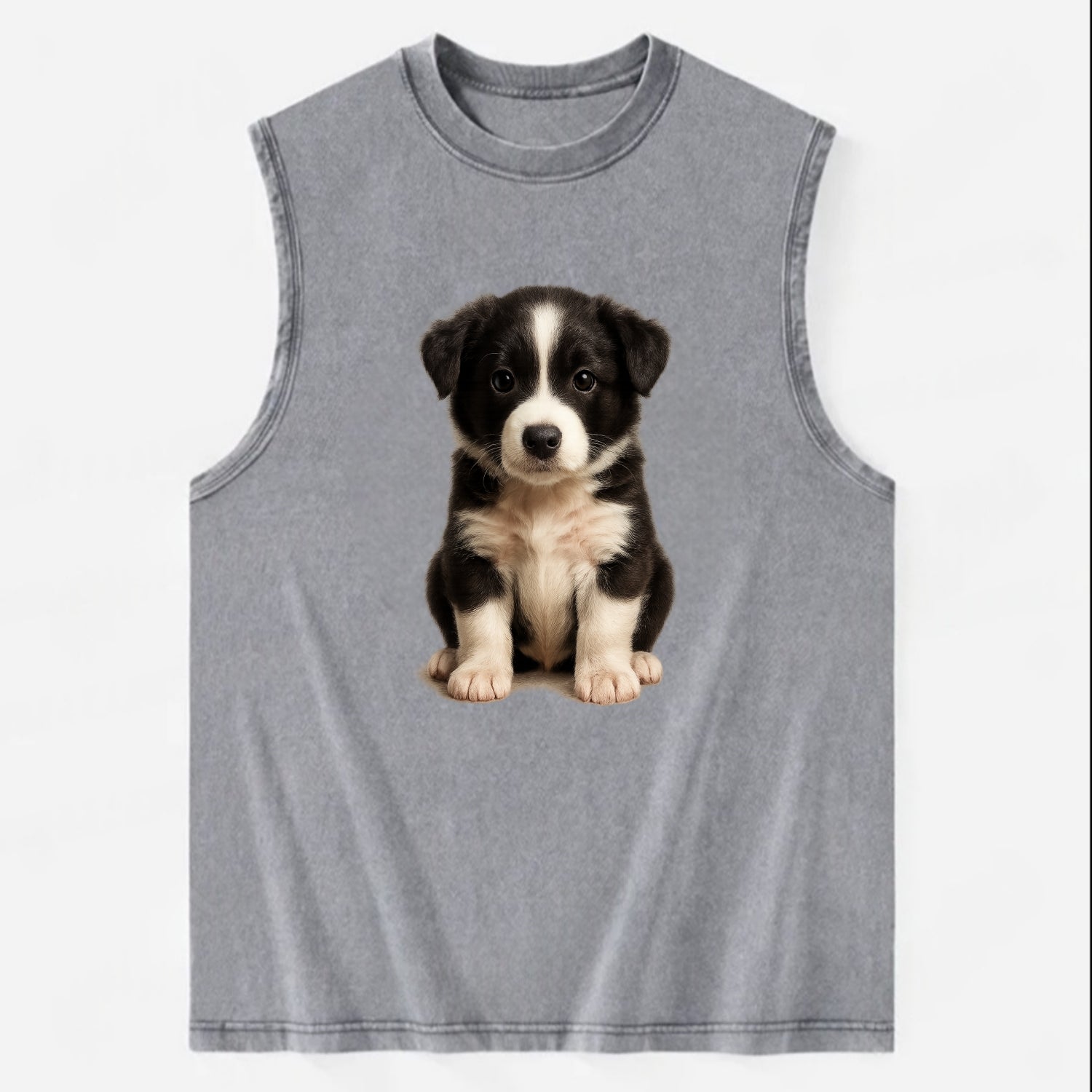 Baby Border Collie Puppy - black and white, intense smart eyes, athletic - Vintage Washed Tank - Grey