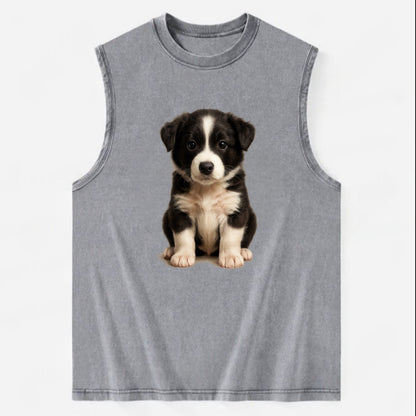 Baby Border Collie Puppy - black and white, intense smart eyes, athletic - Vintage Washed Tank - Grey
